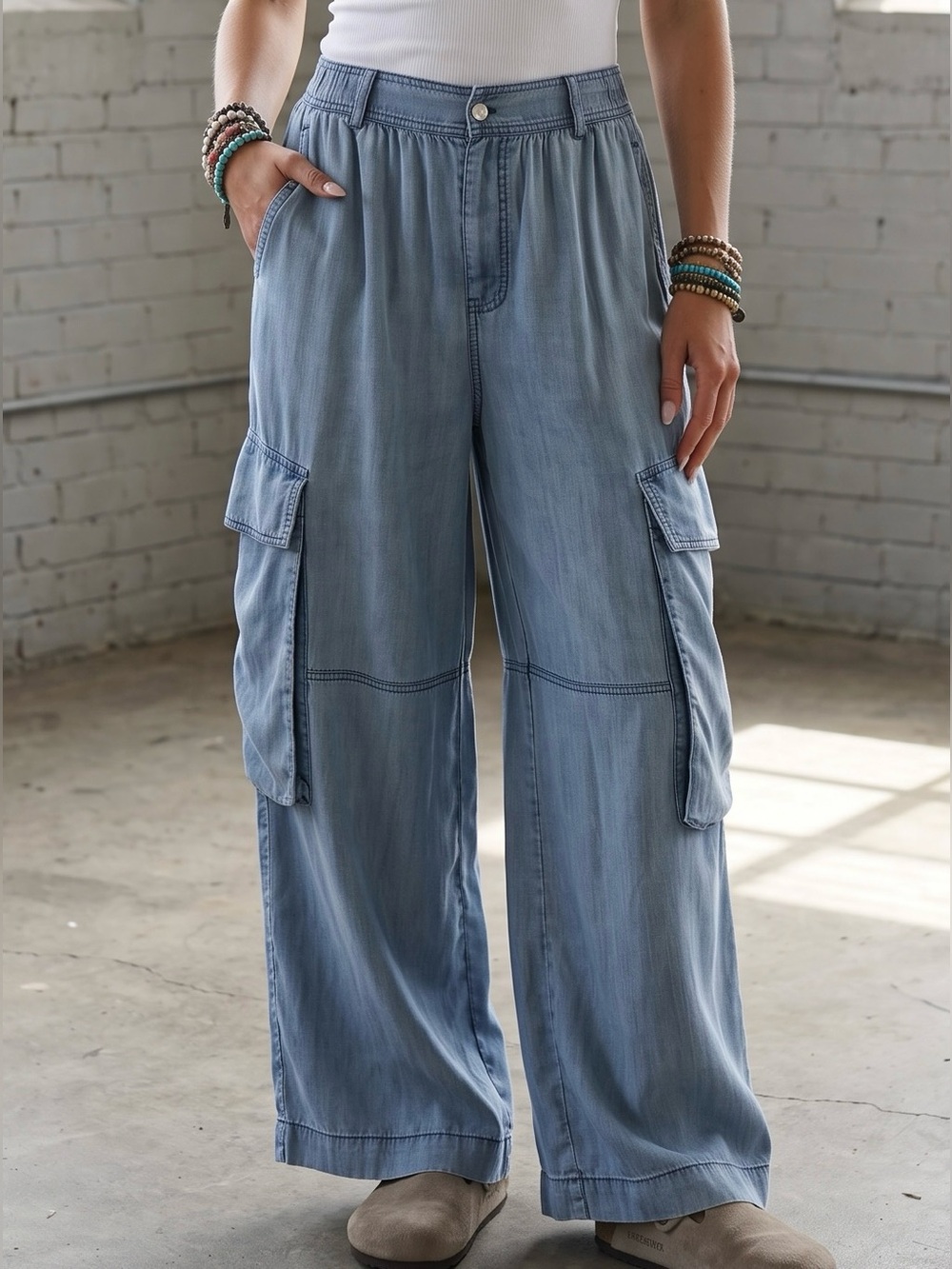 NWT Easel Chambray Denim Cargo Pants Wide Leg Baggy Fit - Picture 9 of 9